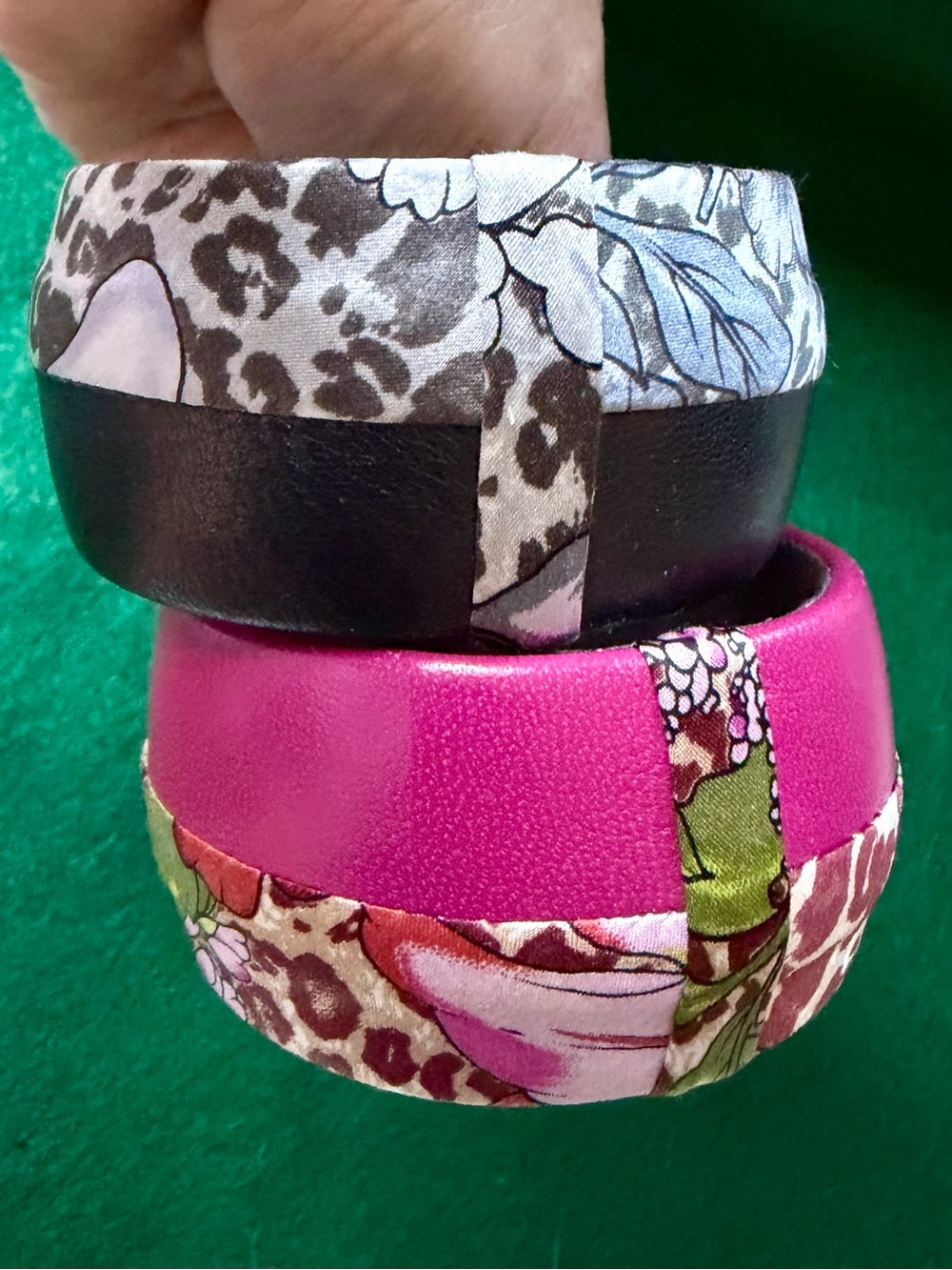 Vintage Tasha PAIR Leather & Silk Magenta & Black Bangle Bracelets